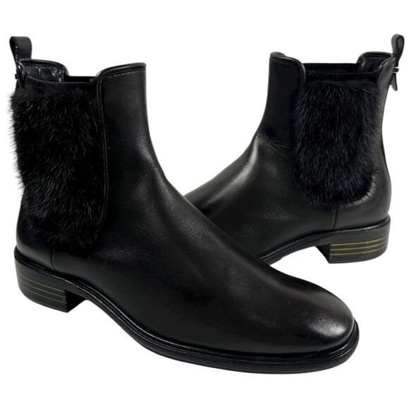 Salvatore Ferragamo Black Leather Mink Fur Chelsea Ankle Boots Luxury Size 6.5 - Picture 1 of 8